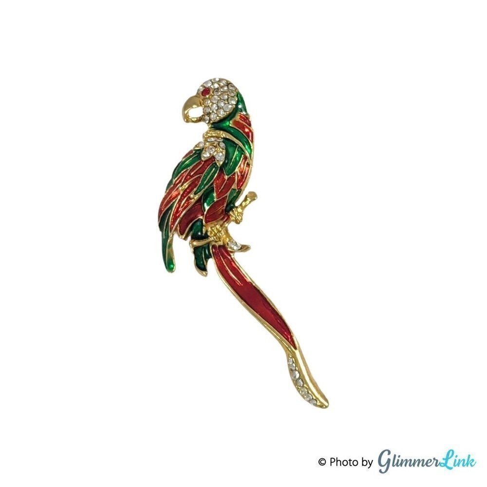 Vintage 80s 90s Parrot Brooch - Red, Green Enamel & Crystal Bird Pin